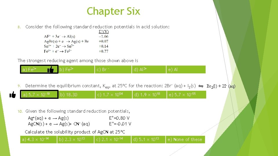 Chapter Six Consider the following standard reduction potentials in acid solution: 8. The strongest