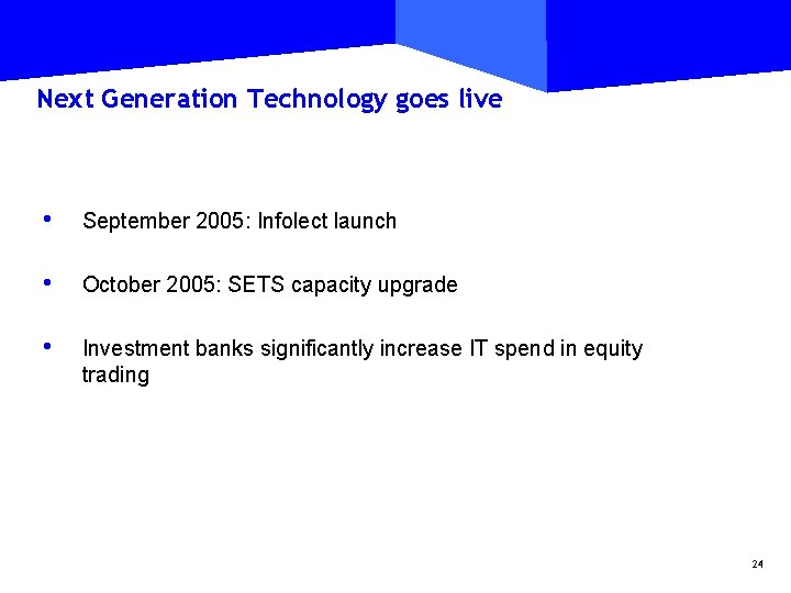Next Generation Technology goes live • September 2005: Infolect launch • October 2005: SETS