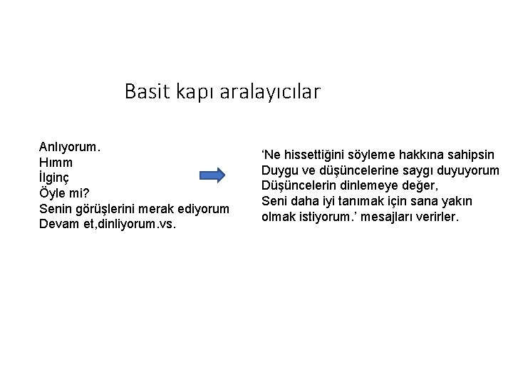 Basit kapı aralayıcılar Anlıyorum. Hımm İlginç Öyle mi? Senin görüşlerini merak ediyorum Devam et,