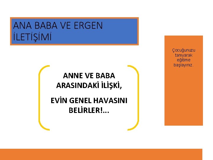 ANA BABA VE ERGEN İLETİŞİMİ Çocuğunuzu tanıyarak eğitime başlayınız. ANNE VE BABA ARASINDAKİ İLİŞKİ,