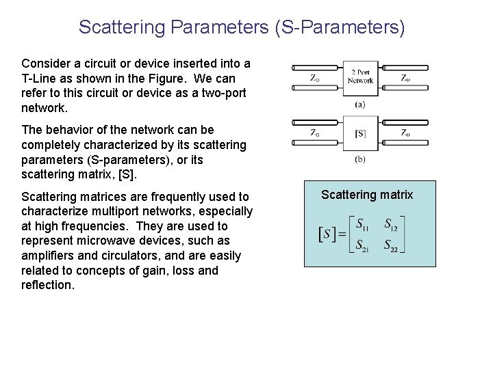 Scattering Parameters (S-Parameters) Consider a circuit or device inserted into a T-Line as shown