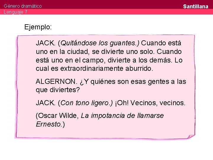 Género dramático Lenguaje 7 Santillana Ejemplo: JACK. (Quitándose los guantes. ) Cuando está uno