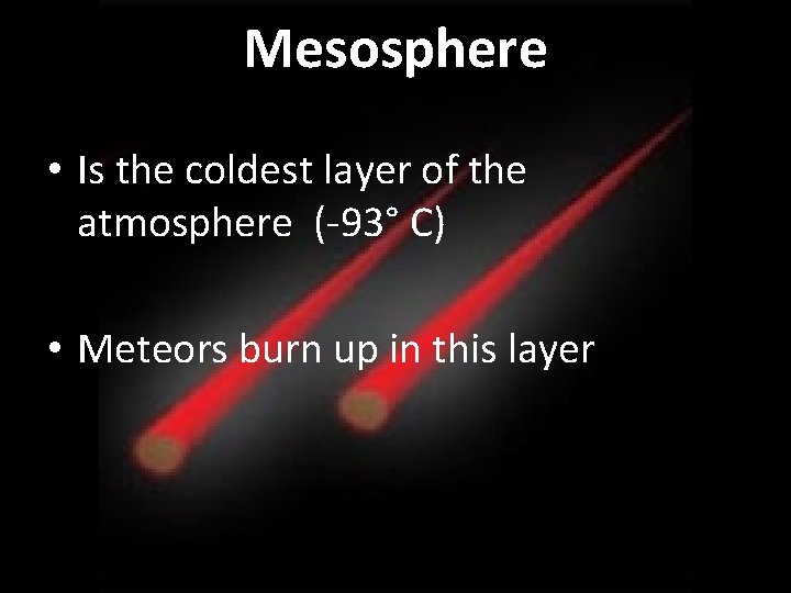 Mesosphere • Is the coldest layer of the atmosphere (-93° C) • Meteors burn