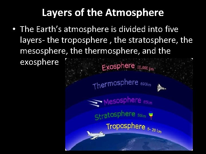 Layers of the Atmosphere • The Earth’s atmosphere is divided into five layers- the