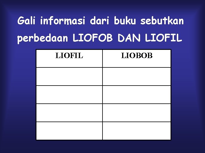 Gali informasi dari buku sebutkan perbedaan LIOFOB DAN LIOFIL LIOBOB 