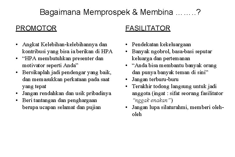 Bagaimana Memprospek & Membina ……. . ? PROMOTOR FASILITATOR • Angkat Kelebihan-kelebihannya dan kontribusi