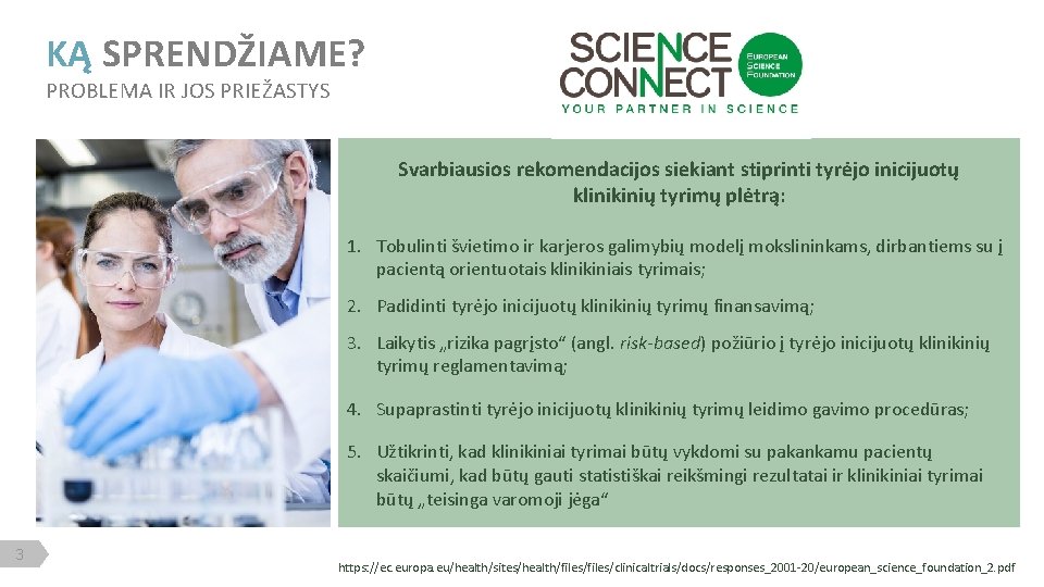 KĄ SPRENDŽIAME? PROBLEMA IR JOS PRIEŽASTYS Svarbiausios rekomendacijos siekiant stiprinti tyrėjo inicijuotų klinikinių tyrimų