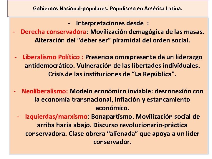 Gobiernos Nacional-populares. Populismo en América Latina. - Interpretaciones desde : - Derecha conservadora: Movilización