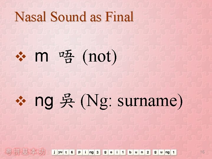 Nasal Sound as Final v m 唔 (not) v ng 吳 (Ng: surname) 16
