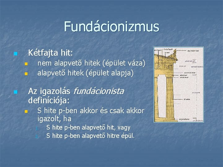 Fundácionizmus n Kétfajta hit: n nem alapvető hitek (épület váza) alapvető hitek (épület alapja)