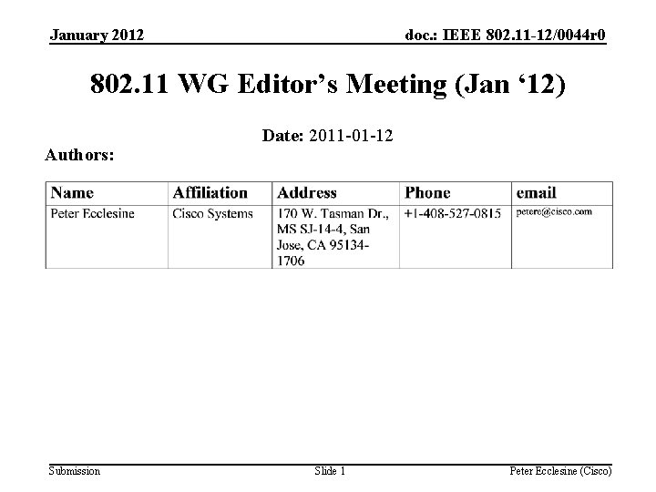 January 2012 doc. : IEEE 802. 11 -12/0044 r 0 802. 11 WG Editor’s