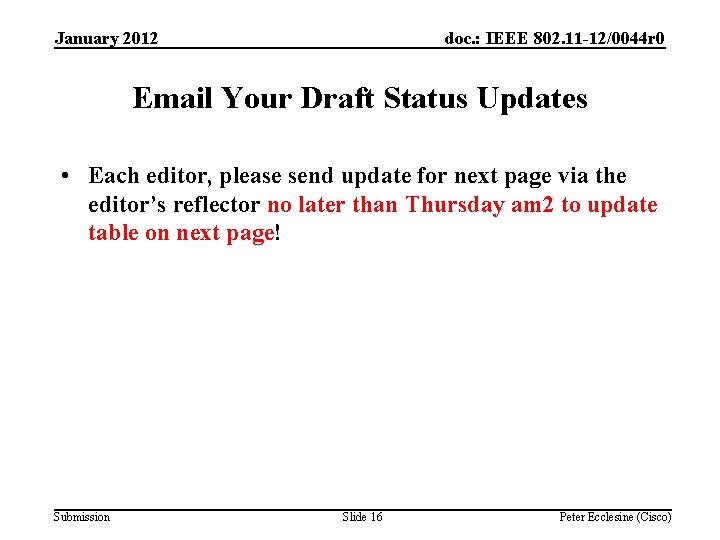January 2012 doc. : IEEE 802. 11 -12/0044 r 0 Email Your Draft Status