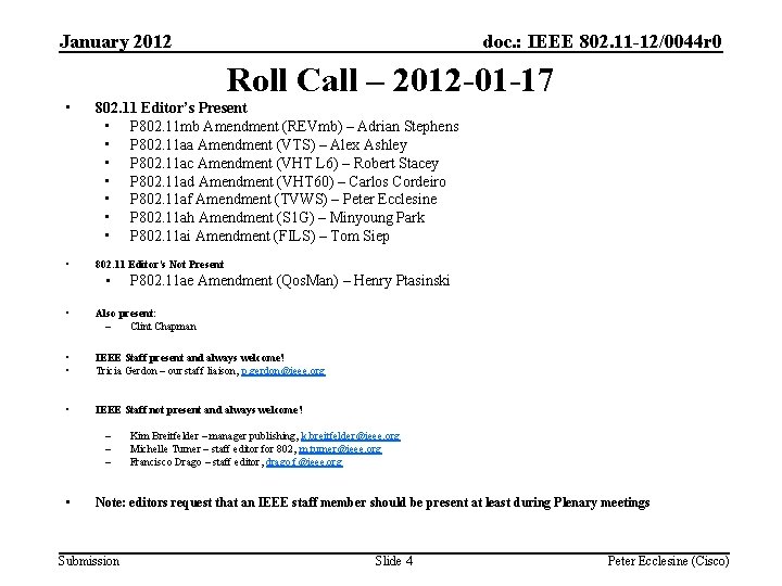 January 2012 doc. : IEEE 802. 11 -12/0044 r 0 Roll Call – 2012