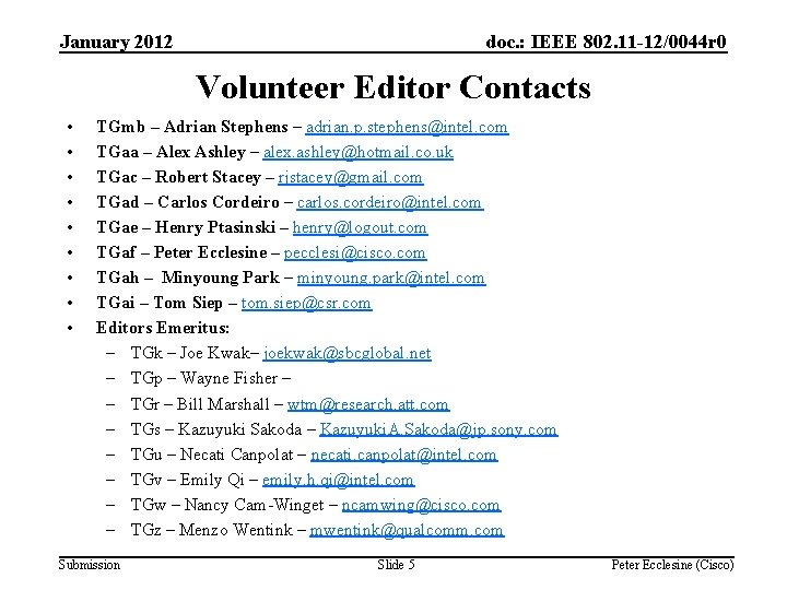 January 2012 doc. : IEEE 802. 11 -12/0044 r 0 Volunteer Editor Contacts •