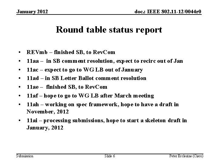 January 2012 doc. : IEEE 802. 11 -12/0044 r 0 Round table status report