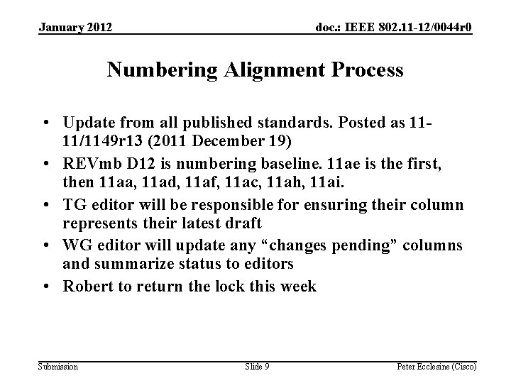 January 2012 doc. : IEEE 802. 11 -12/0044 r 0 Numbering Alignment Process •