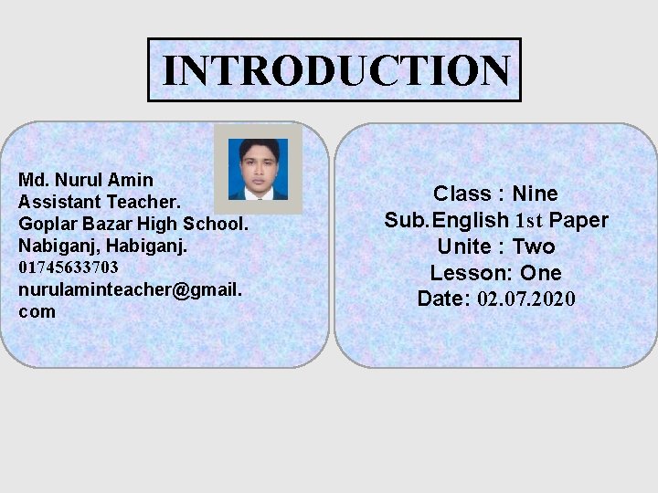INTRODUCTION Md. Nurul Amin Assistant Teacher. Goplar Bazar High School. Nabiganj, Habiganj. 01745633703 nurulaminteacher@gmail.