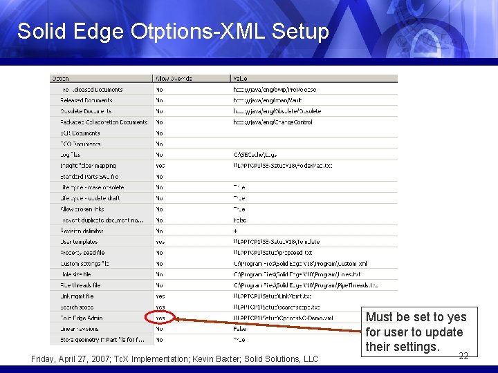 Solid Edge Otptions-XML Setup Must be set to yes for user to update their