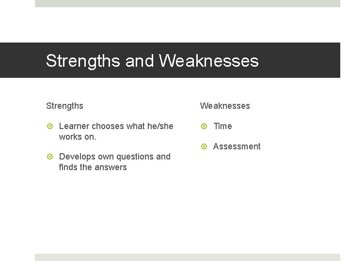 Strengths and Weaknesses Strengths Weaknesses Learner chooses what he/she works on. Time Develops own