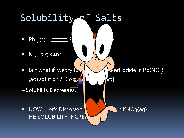 Solubility of Salts Pb. I 2 (s) Pb 2+ (aq) + 2 I- (aq)