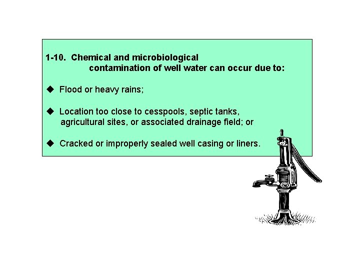 1 -10. Chemical and microbiological contamination of well water can occur due to: Flood