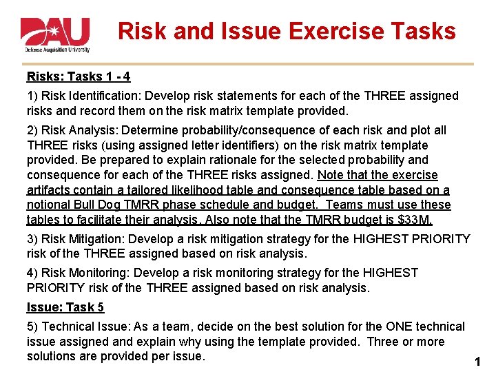 Risk and Issue Exercise Tasks Risks: Tasks 1 - 4 1) Risk Identification: Develop