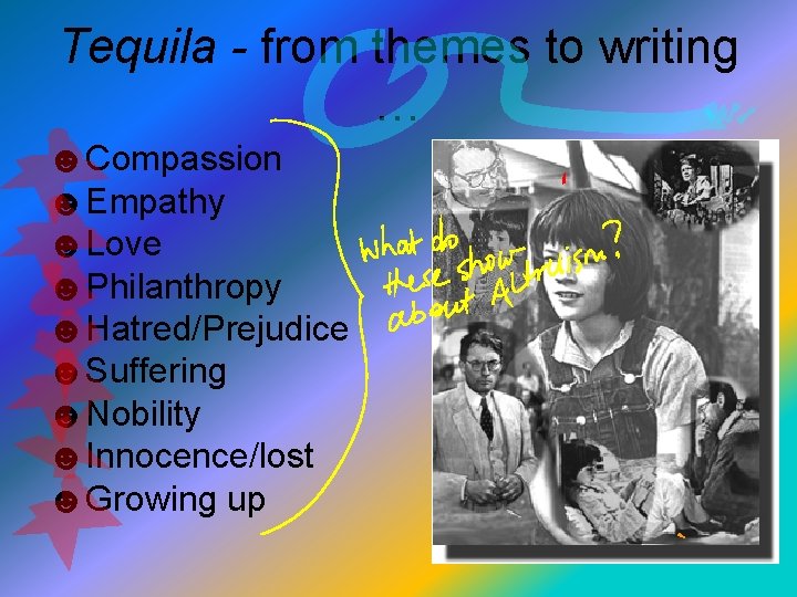Tequila - from themes to writing … ☻Compassion ☻Empathy ☻Love ☻Philanthropy ☻Hatred/Prejudice ☻Suffering ☻Nobility