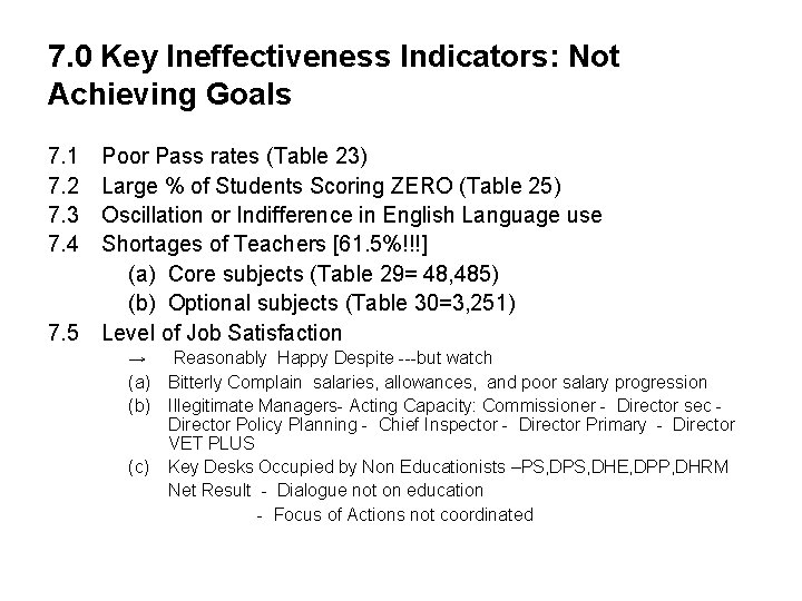 7. 0 Key Ineffectiveness Indicators: Not Achieving Goals 7. 1 7. 2 7. 3