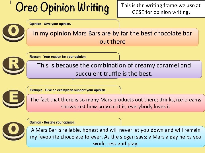 This is the writing frame we use at GCSE for opinion writing. In my