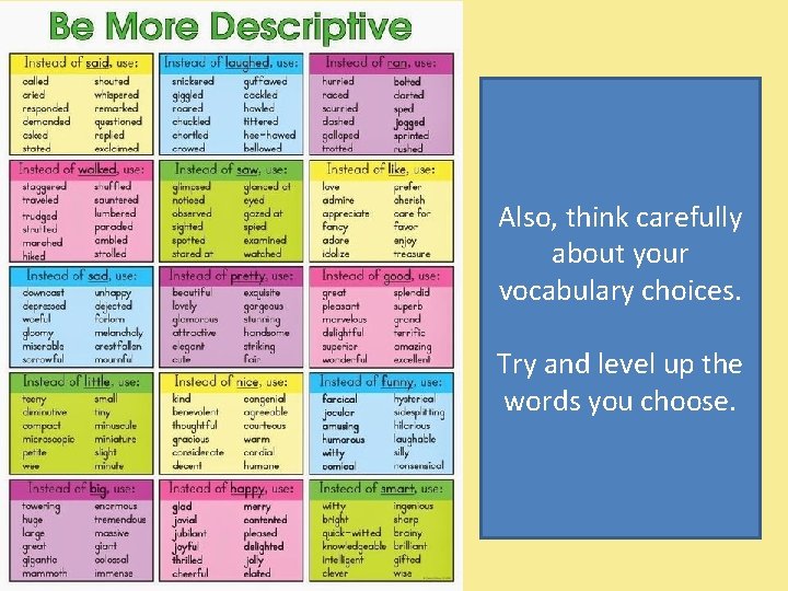 Also, think carefully about your vocabulary choices. Try and level up the words you