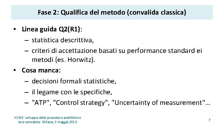 Fase 2: Qualifica del metodo (convalida classica) • Linea guida Q 2(R 1): –