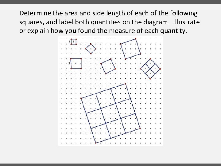 Determine the area and side length of each of the following squares, and label