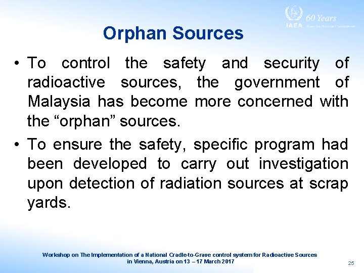 Sustaining CradletoGrave Control of Radioactive Sources INT9182 Workshop