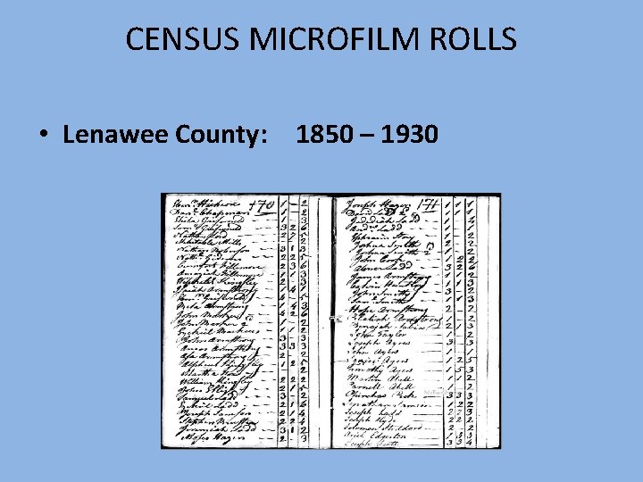 CENSUS MICROFILM ROLLS • Lenawee County: 1850 – 1930 