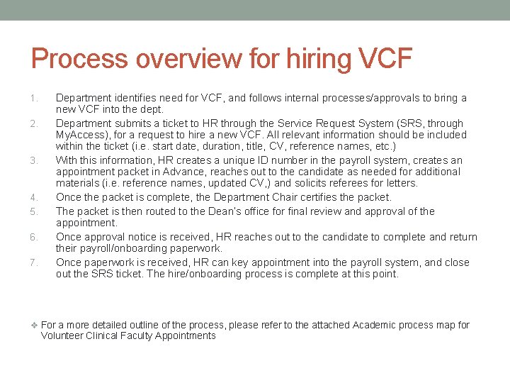 Process overview for hiring VCF 1. 2. 3. 4. 5. 6. 7. Department identifies