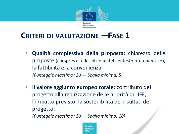 CRITERI DI VALUTAZIONE —FASE 1 • Qualità complessiva della proposta: chiarezza delle proposte (compresa