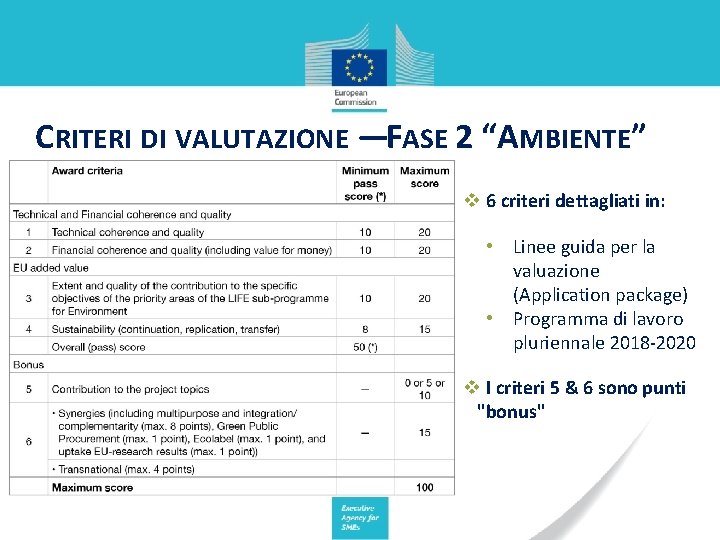 CRITERI DI VALUTAZIONE —FASE 2 “AMBIENTE” 6 criteri dettagliati in: • Linee guida per