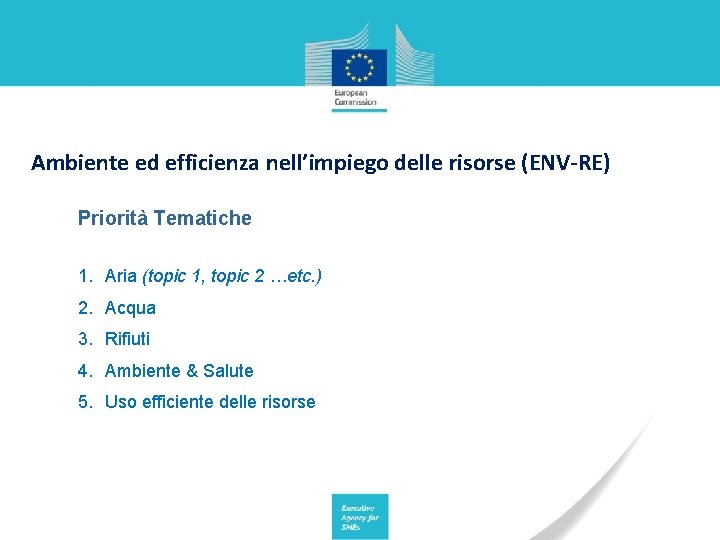 Ambiente ed efficienza nell’impiego delle risorse (ENV-RE) Priorità Tematiche 1. Aria (topic 1, topic