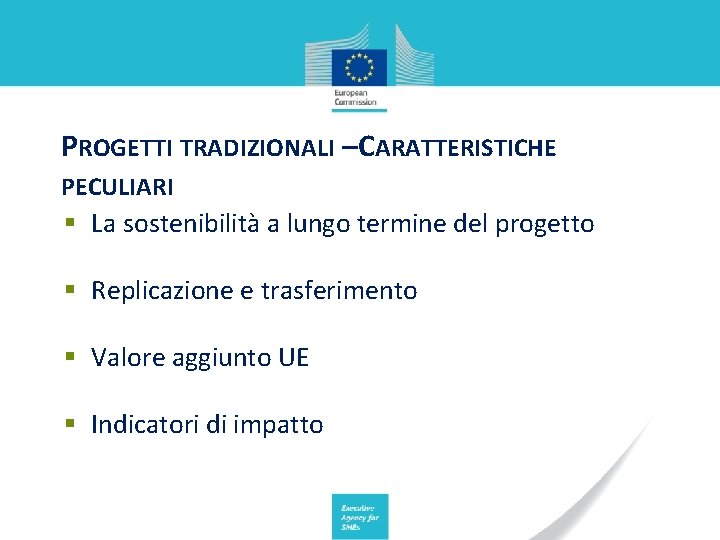 PROGETTI TRADIZIONALI –CARATTERISTICHE PECULIARI § La sostenibilità a lungo termine del progetto § Replicazione