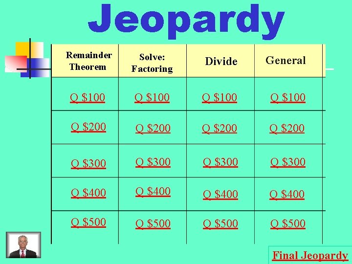 Jeopardy Remainder Theorem Solve: Factoring Divide General Q $100 Q $200 Q $300 Q