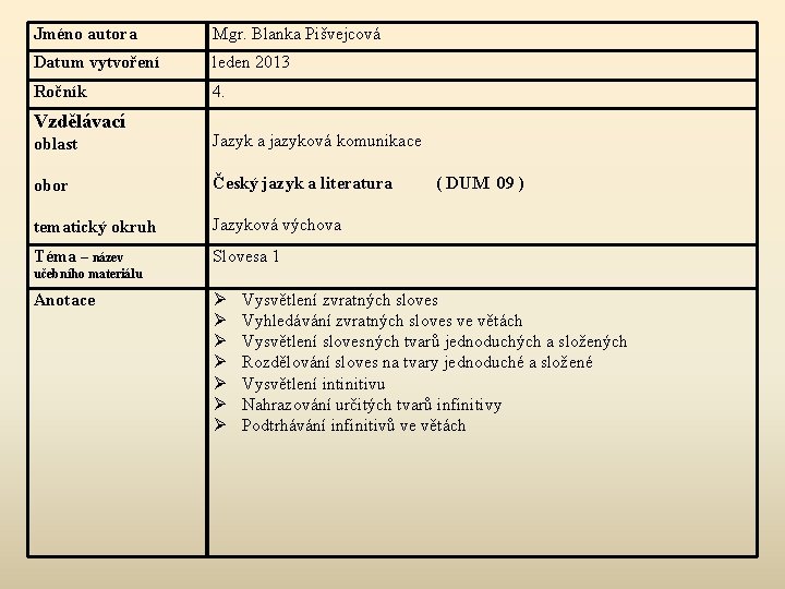 Jméno autora Mgr. Blanka Pišvejcová Datum vytvoření leden 2013 Ročník 4. Vzdělávací oblast Jazyk