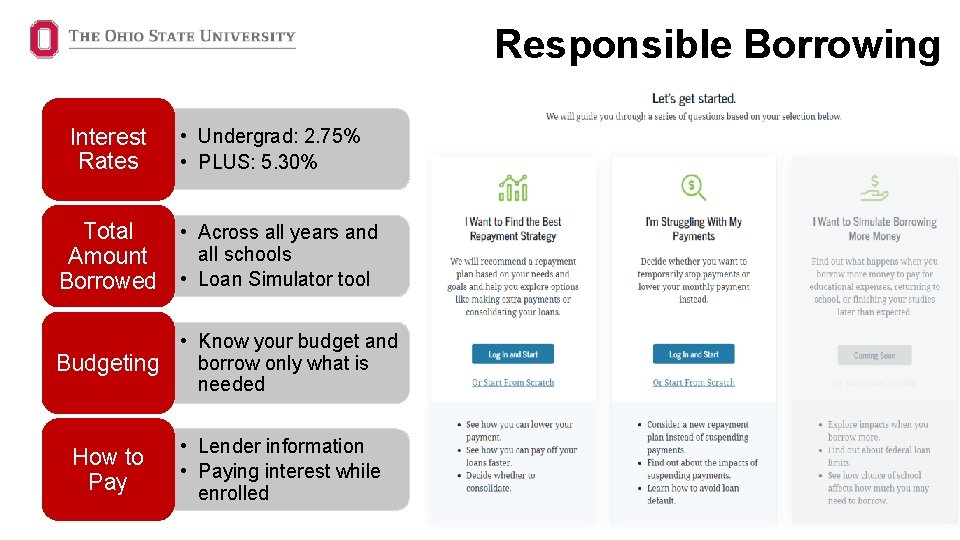 Responsible Borrowing Interest Rates • Undergrad: 2. 75% • PLUS: 5. 30% Total •