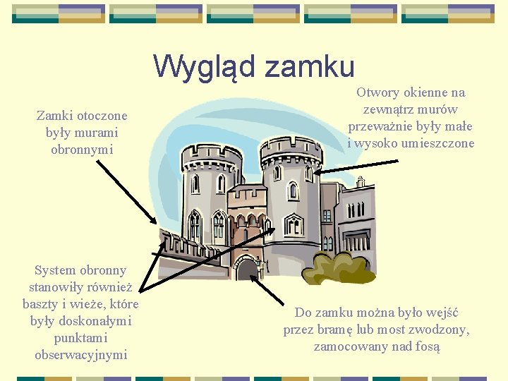 Wygląd zamku Zamki otoczone były murami obronnymi System obronny stanowiły również baszty i wieże,