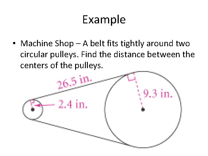 Example • Machine Shop – A belt fits tightly around two circular pulleys. Find