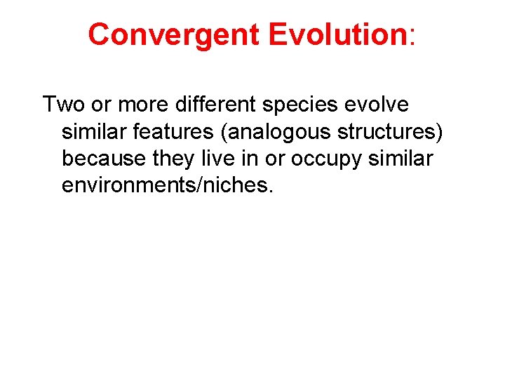 Convergent Evolution: Two or more different species evolve similar features (analogous structures) because they