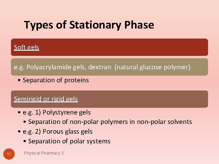 Types of Stationary Phase Soft gels e. g. Polyacrylamide gels, dextran (natural glucose polymer)