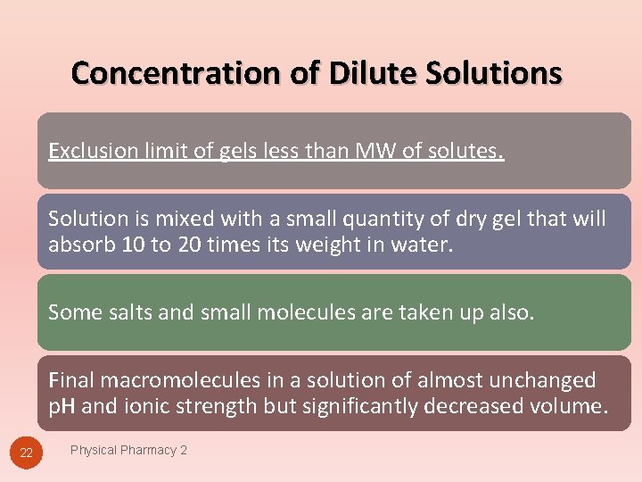 Concentration of Dilute Solutions Exclusion limit of gels less than MW of solutes. Solution