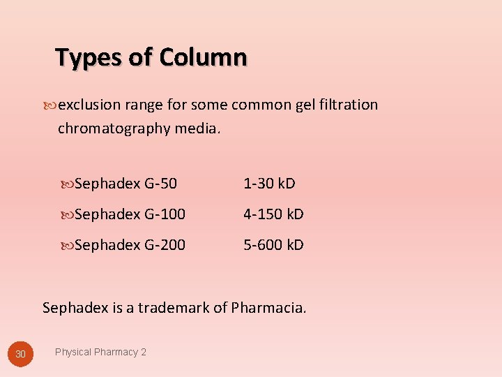 Types of Column exclusion range for some common gel filtration chromatography media. Sephadex G-50