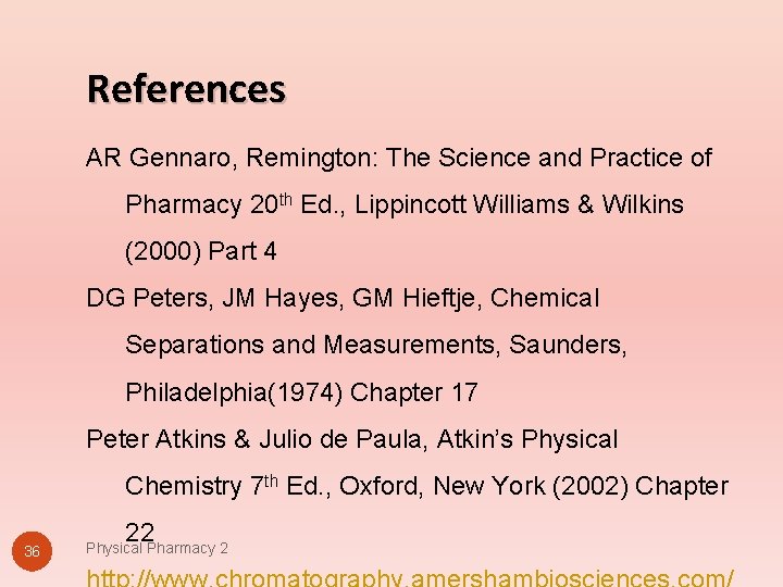 References AR Gennaro, Remington: The Science and Practice of Pharmacy 20 th Ed. ,