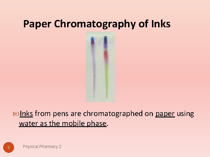 Paper Chromatography of Inks from pens are chromatographed on paper using water as the